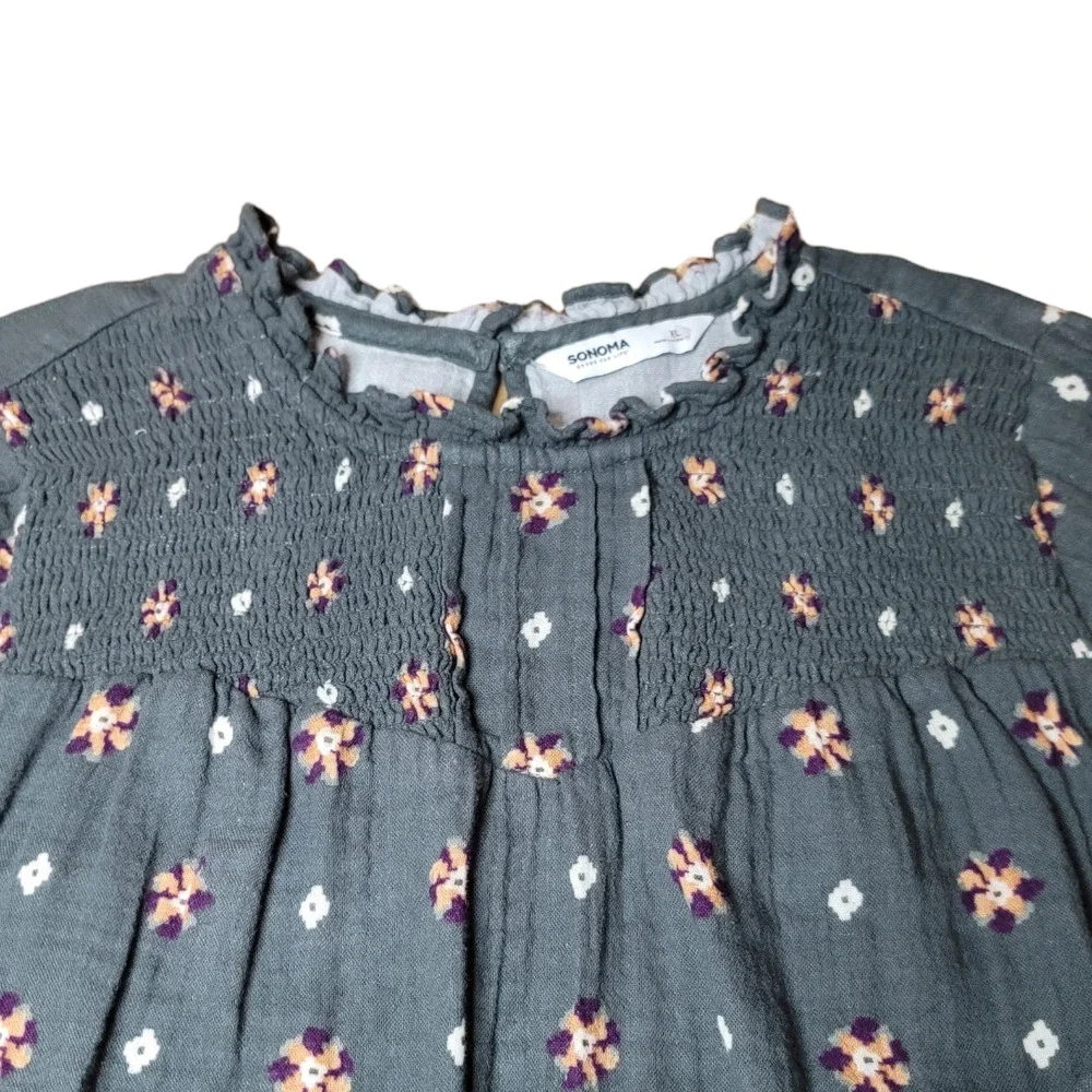 Sonoma Boho Green Teal Floral Print Peasant Blouse Ruffle Trim Crew Neck Blouse